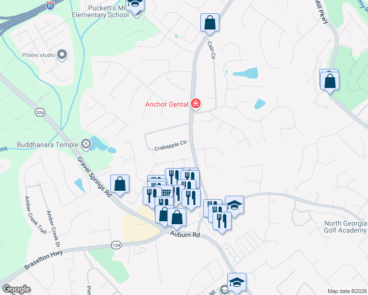 map of restaurants, bars, coffee shops, grocery stores, and more near 2874 Crabapple Circle in Dacula
