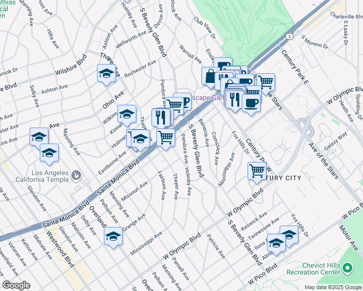 map of restaurants, bars, coffee shops, grocery stores, and more near 1839 Pandora Avenue in Los Angeles