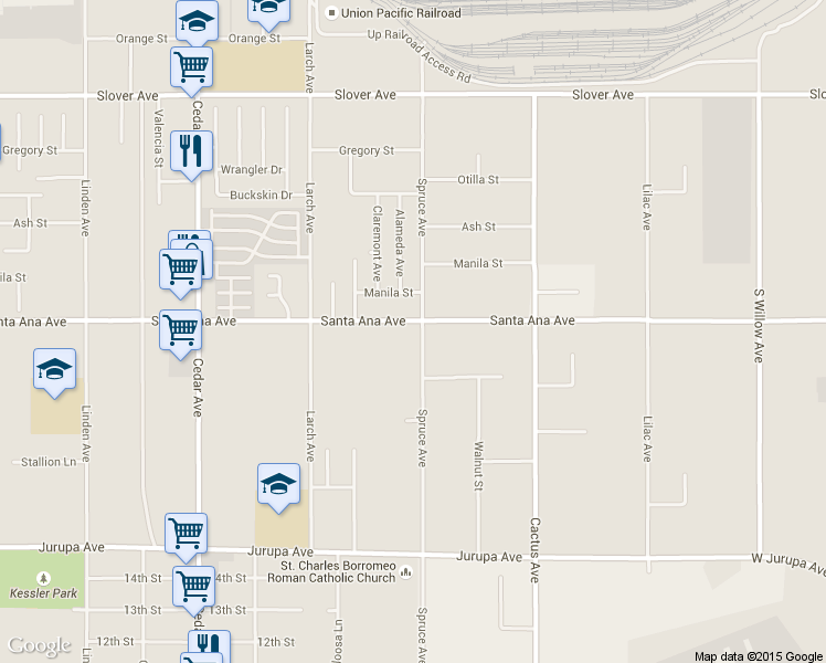 map of restaurants, bars, coffee shops, grocery stores, and more near 19083 Santa Ana Avenue in Bloomington