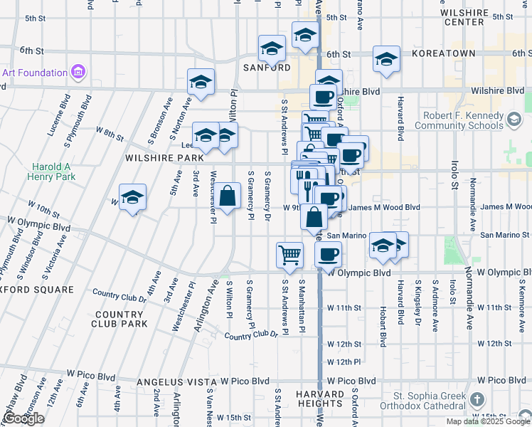 map of restaurants, bars, coffee shops, grocery stores, and more near 871 South Gramercy Drive in Los Angeles