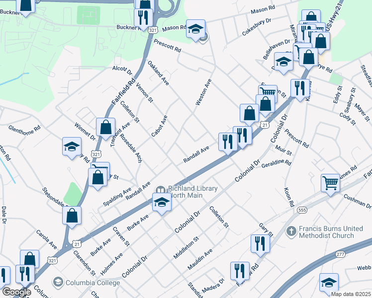 map of restaurants, bars, coffee shops, grocery stores, and more near 933 Vernon Court in Columbia