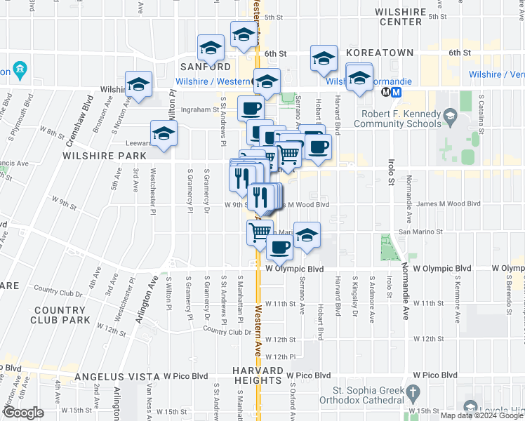 map of restaurants, bars, coffee shops, grocery stores, and more near 916 South Western Avenue in Los Angeles