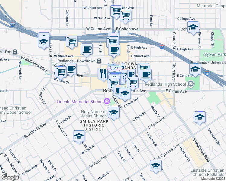 map of restaurants, bars, coffee shops, grocery stores, and more near 914 North Dearborn Street in Redlands
