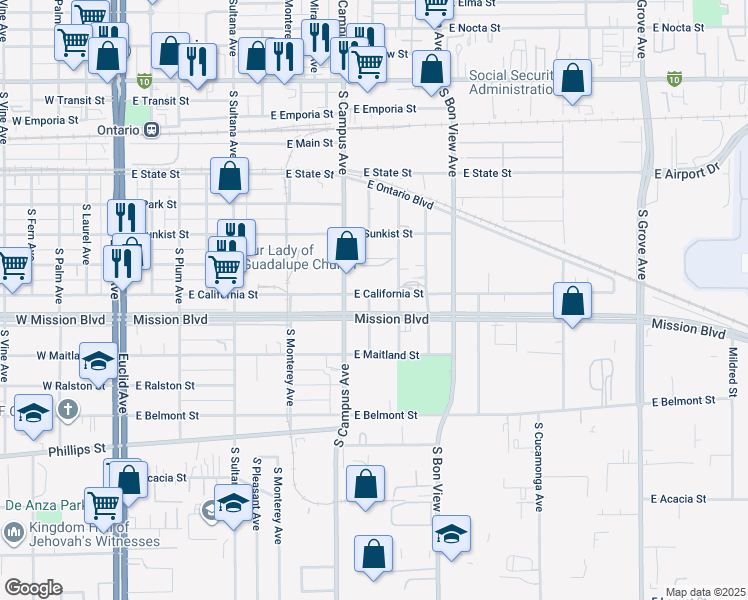 map of restaurants, bars, coffee shops, grocery stores, and more near 736 East California Street in Ontario