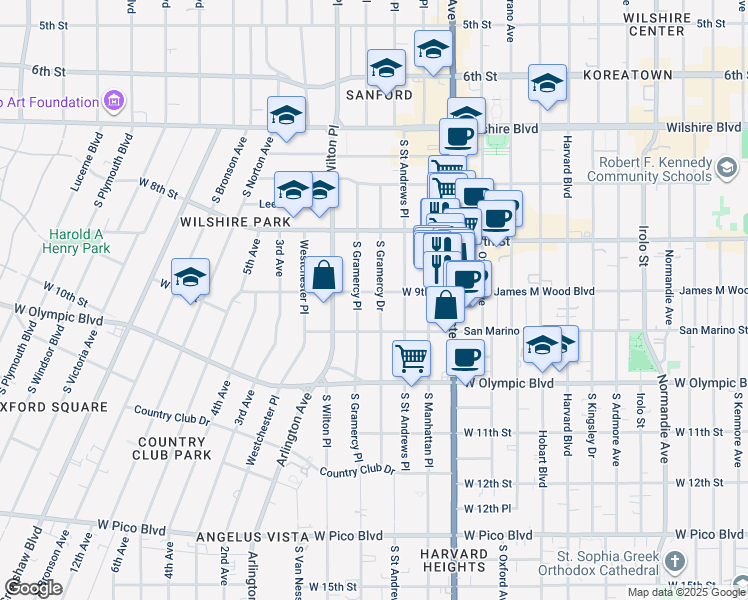map of restaurants, bars, coffee shops, grocery stores, and more near 901 South Gramercy Drive in Los Angeles