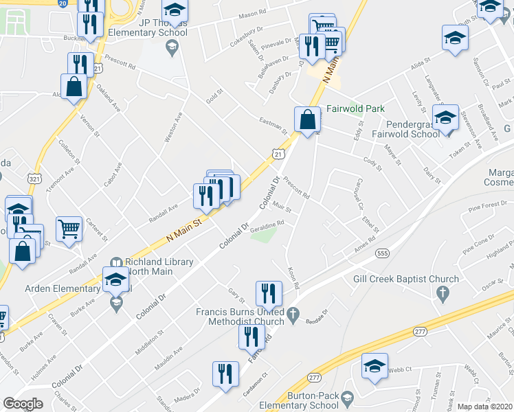 map of restaurants, bars, coffee shops, grocery stores, and more near 5737 Colonial Drive in Columbia