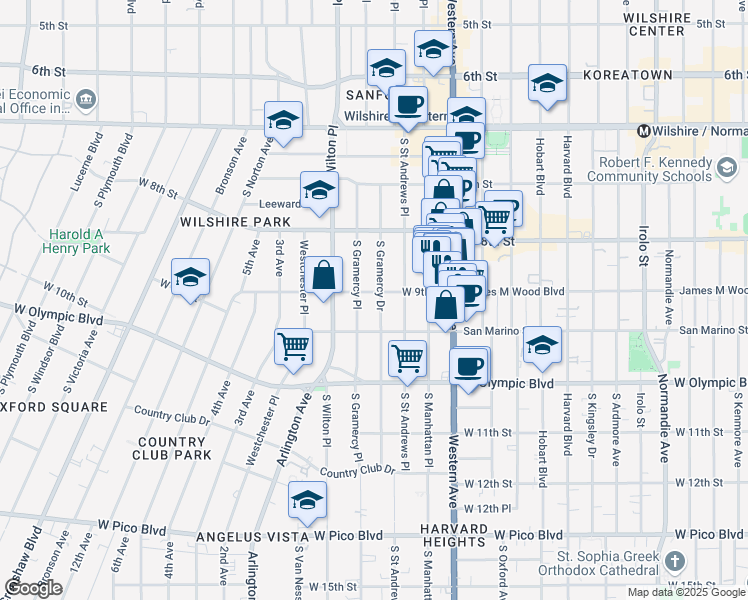 map of restaurants, bars, coffee shops, grocery stores, and more near 901 South Gramercy Drive in Los Angeles