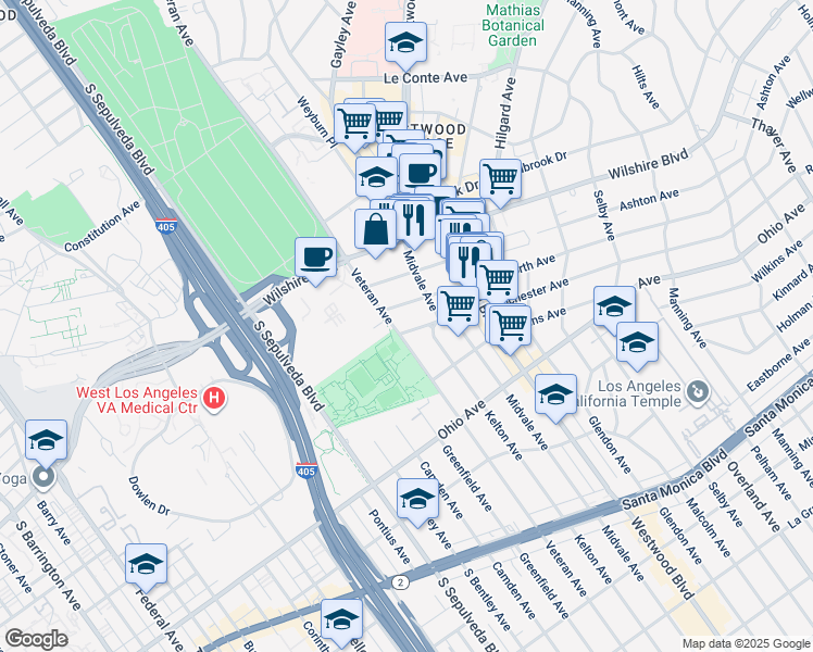 map of restaurants, bars, coffee shops, grocery stores, and more near 10989 Rochester Avenue in Los Angeles