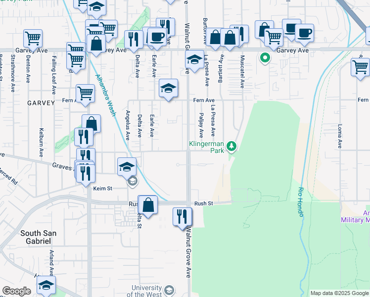 map of restaurants, bars, coffee shops, grocery stores, and more near 2418 Walnut Grove Avenue in Rosemead
