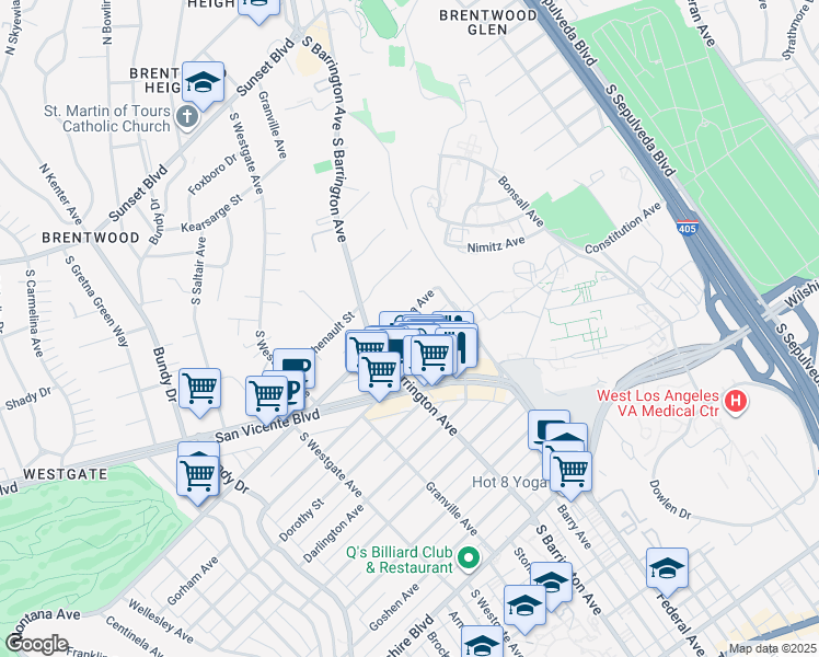 map of restaurants, bars, coffee shops, grocery stores, and more near 11656 Montana Avenue in Los Angeles