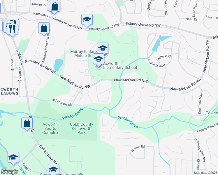 map of restaurants, bars, coffee shops, grocery stores, and more near 3910 Spearmint Lane Northwest in Acworth