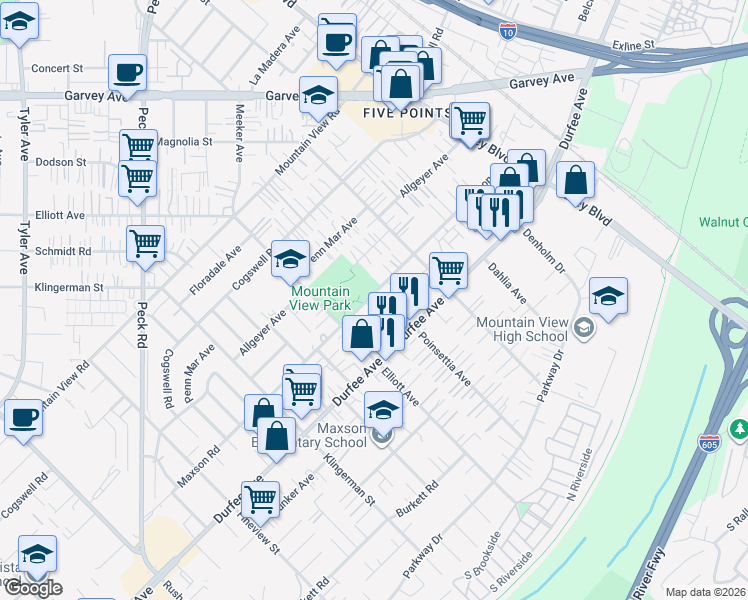 map of restaurants, bars, coffee shops, grocery stores, and more near 2646 Maxson Road in El Monte