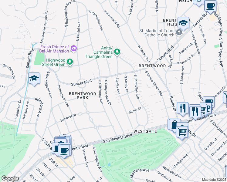 map of restaurants, bars, coffee shops, grocery stores, and more near 149 5th Anita Drive in Los Angeles
