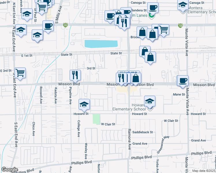 map of restaurants, bars, coffee shops, grocery stores, and more near 4361 East Mission Boulevard in Montclair