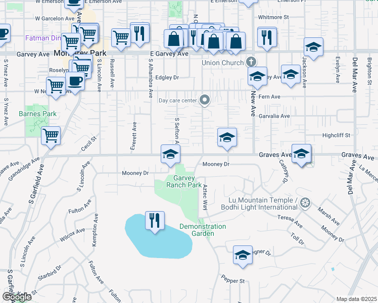 map of restaurants, bars, coffee shops, grocery stores, and more near 523 East Graves Avenue in Monterey Park