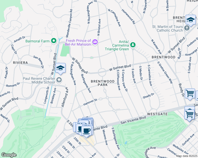 map of restaurants, bars, coffee shops, grocery stores, and more near 12779 South Bristol Circle in Los Angeles
