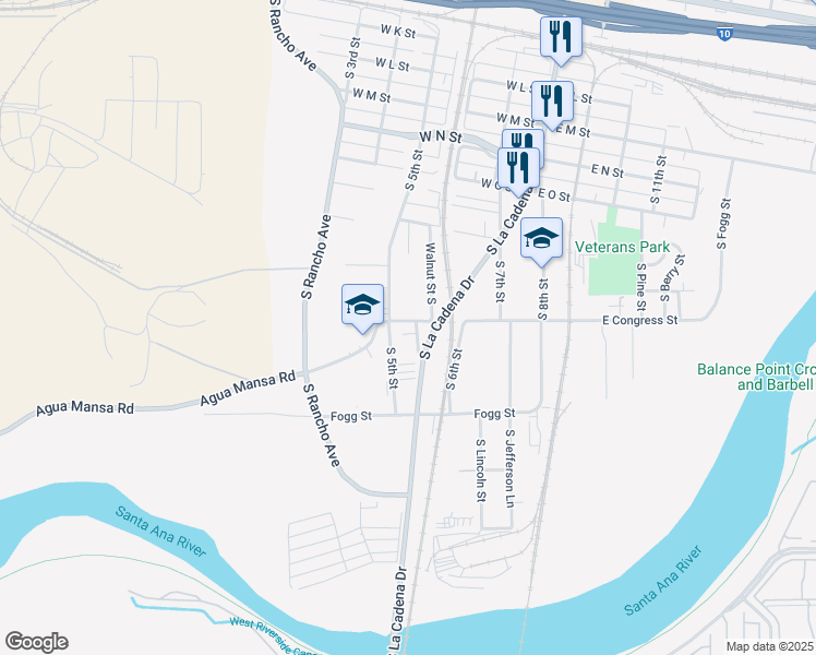 map of restaurants, bars, coffee shops, grocery stores, and more near 340 West Congress Street in Colton