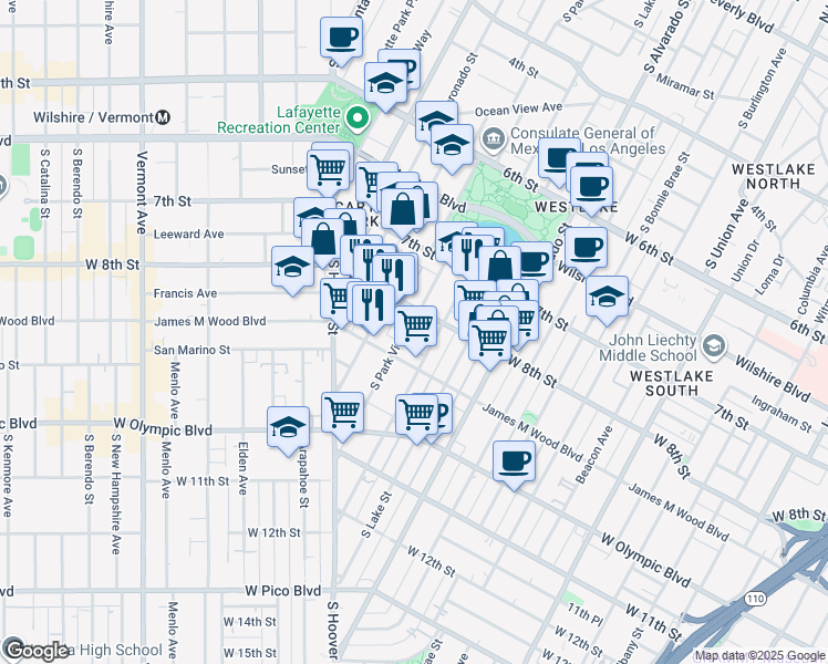 map of restaurants, bars, coffee shops, grocery stores, and more near 822 South Park View Street in Los Angeles