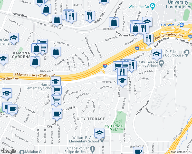 map of restaurants, bars, coffee shops, grocery stores, and more near 3830 City Terrace Drive in Los Angeles