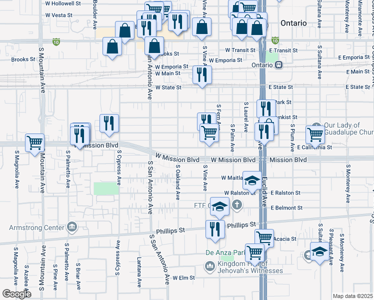 map of restaurants, bars, coffee shops, grocery stores, and more near 536 West California Street in Ontario