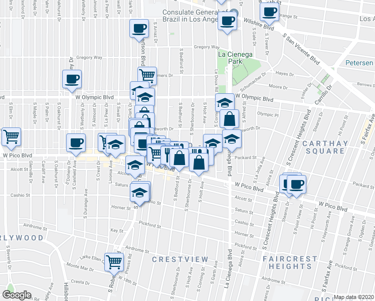 map of restaurants, bars, coffee shops, grocery stores, and more near 1201 South Sherbourne Drive in Los Angeles