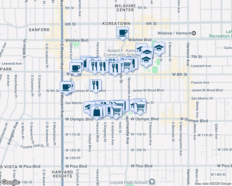 map of restaurants, bars, coffee shops, grocery stores, and more near 869 South Ardmore Avenue in Los Angeles
