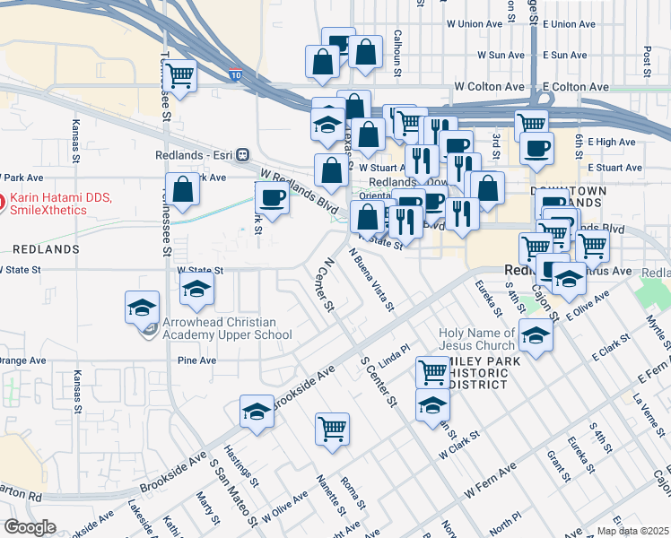 map of restaurants, bars, coffee shops, grocery stores, and more near 60 North Michigan Street in Redlands
