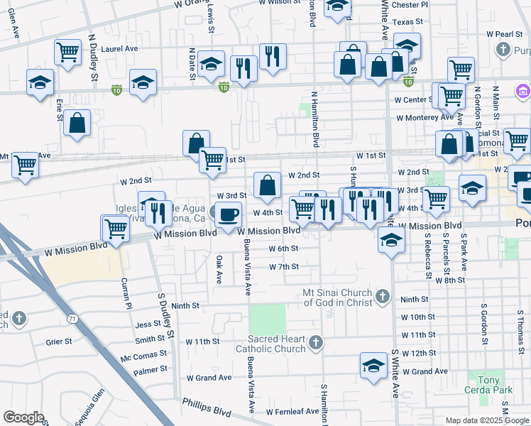 map of restaurants, bars, coffee shops, grocery stores, and more near 1241 West 4th Street in Pomona