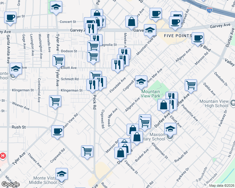 map of restaurants, bars, coffee shops, grocery stores, and more near 2445 Cogswell Road in El Monte