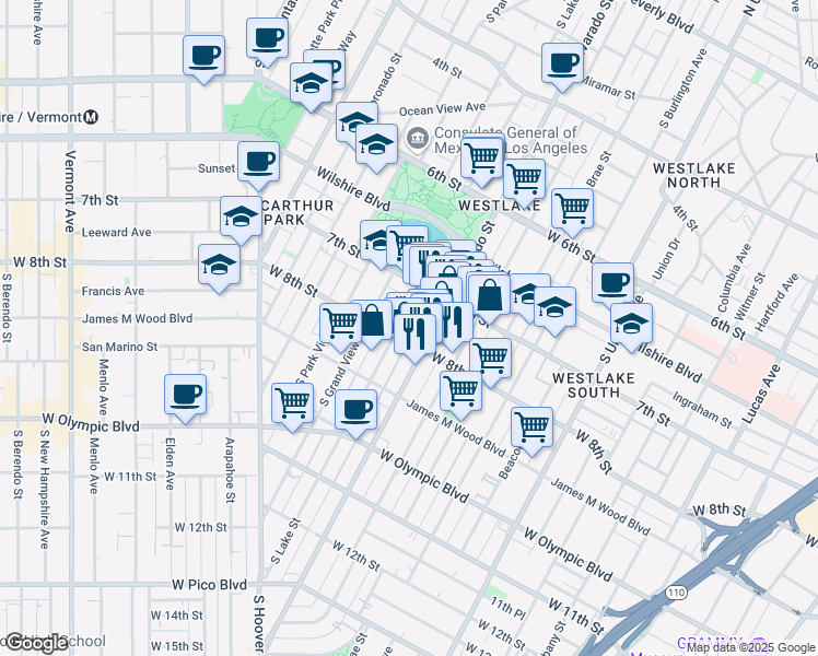 map of restaurants, bars, coffee shops, grocery stores, and more near 730 South Lake Street in Los Angeles