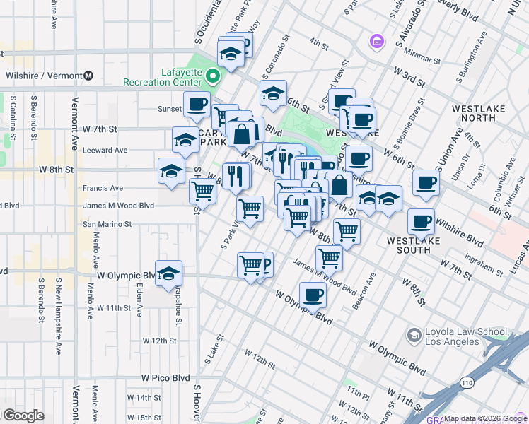map of restaurants, bars, coffee shops, grocery stores, and more near 739 1/2 South Lake Street in Los Angeles