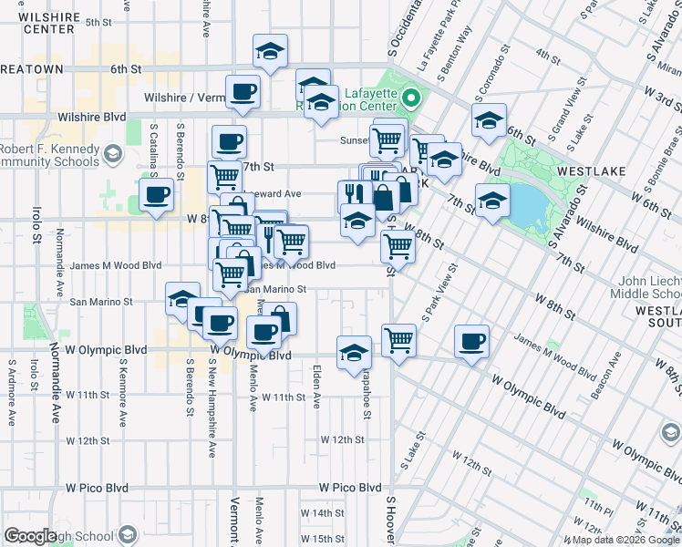 map of restaurants, bars, coffee shops, grocery stores, and more near 2701 James M Wood Boulevard in Los Angeles