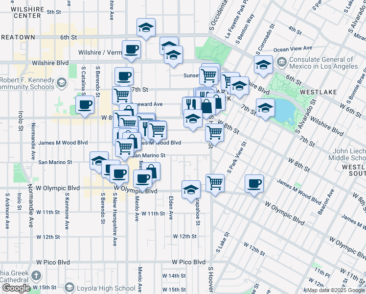 map of restaurants, bars, coffee shops, grocery stores, and more near 2701 James M Wood Boulevard in Los Angeles