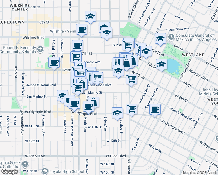 map of restaurants, bars, coffee shops, grocery stores, and more near 2701 James M Wood Boulevard in Los Angeles