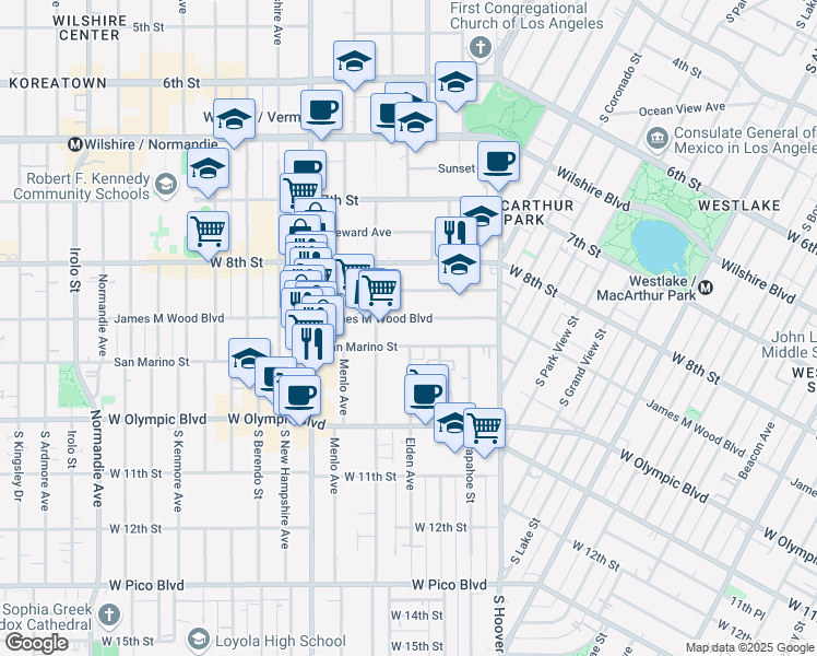 map of restaurants, bars, coffee shops, grocery stores, and more near 2761 West 9th Street in Los Angeles
