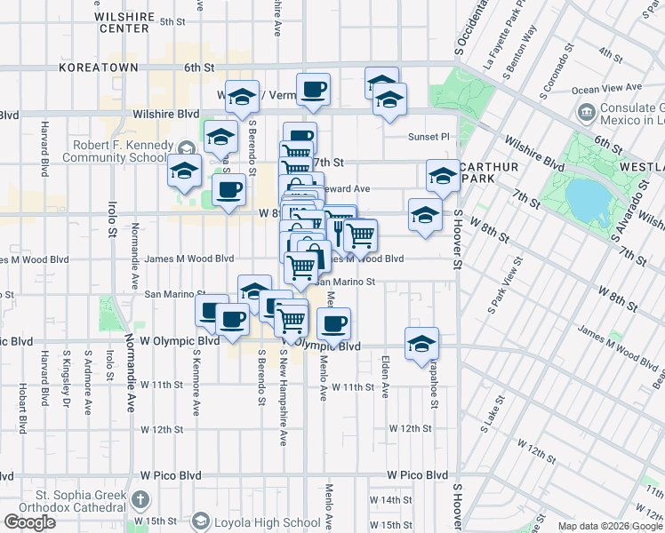 map of restaurants, bars, coffee shops, grocery stores, and more near 2821 James M Wood Boulevard in Los Angeles