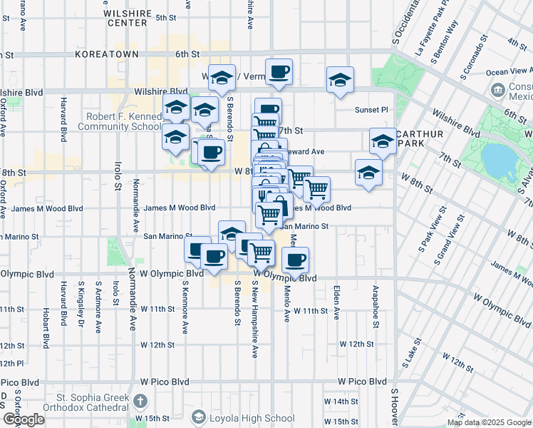map of restaurants, bars, coffee shops, grocery stores, and more near 888 South Vermont Avenue in Los Angeles