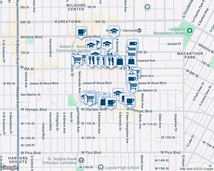 map of restaurants, bars, coffee shops, grocery stores, and more near 861 South Catalina Street in Los Angeles