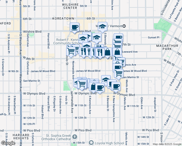 map of restaurants, bars, coffee shops, grocery stores, and more near 861 South Catalina Street in Los Angeles