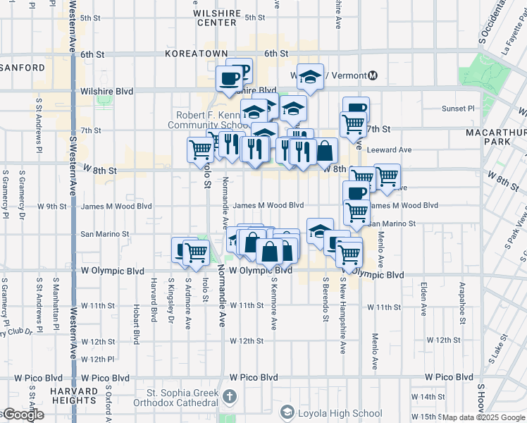 map of restaurants, bars, coffee shops, grocery stores, and more near 3089 West 9th Street in Los Angeles