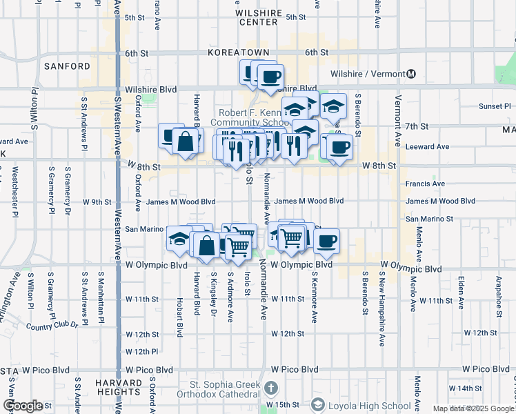 map of restaurants, bars, coffee shops, grocery stores, and more near 3219 James M Wood Boulevard in Los Angeles