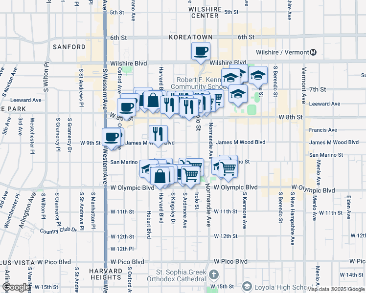 map of restaurants, bars, coffee shops, grocery stores, and more near 869 South Ardmore Avenue in Los Angeles