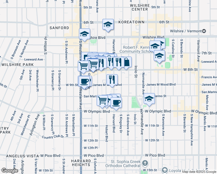 map of restaurants, bars, coffee shops, grocery stores, and more near 858 South Hobart Boulevard in Los Angeles