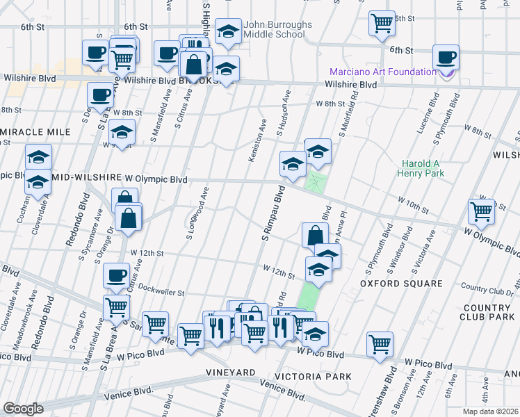 map of restaurants, bars, coffee shops, grocery stores, and more near 1026 South Hudson Avenue in Los Angeles