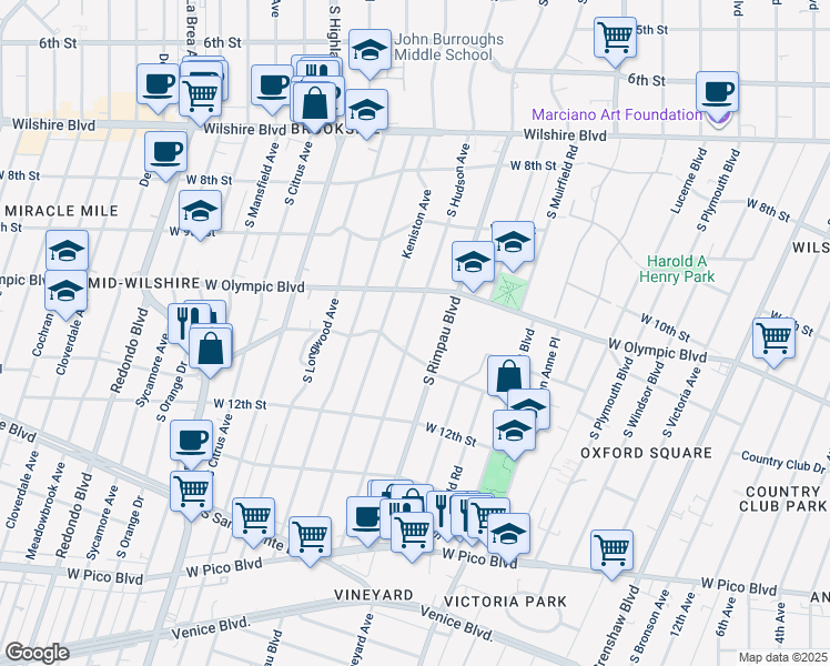map of restaurants, bars, coffee shops, grocery stores, and more near 1026 South Hudson Avenue in Los Angeles