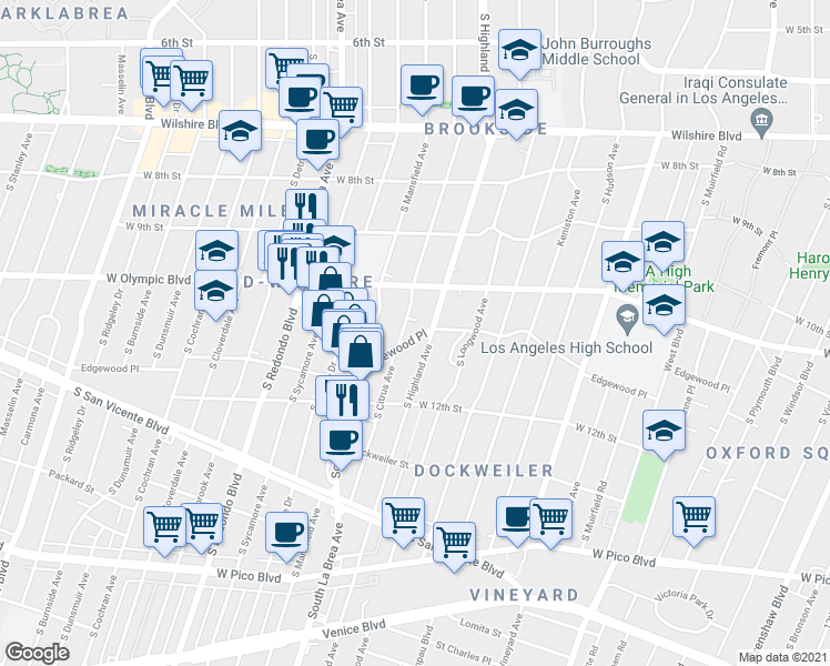 map of restaurants, bars, coffee shops, grocery stores, and more near 1032 South Citrus Avenue in Los Angeles