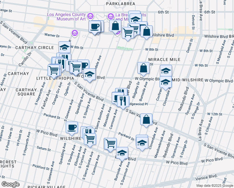 map of restaurants, bars, coffee shops, grocery stores, and more near 1053 Masselin Avenue in Los Angeles