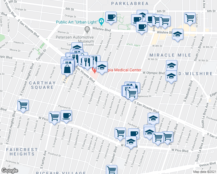 map of restaurants, bars, coffee shops, grocery stores, and more near 1046 South Curson Avenue in Los Angeles