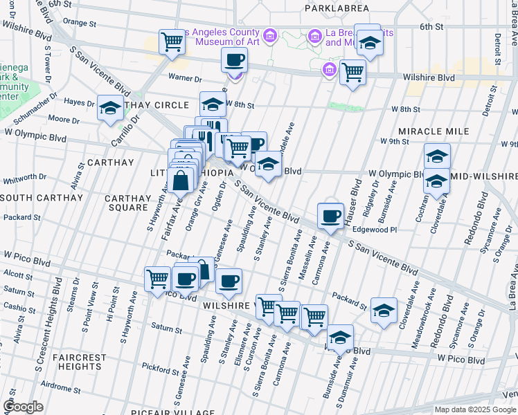map of restaurants, bars, coffee shops, grocery stores, and more near 5906 San Vicente Boulevard in Los Angeles