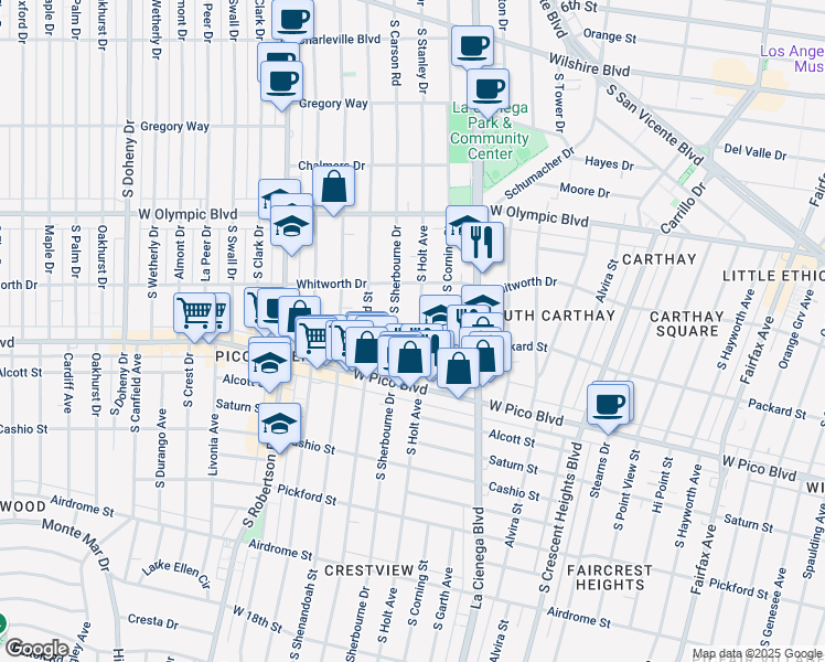 map of restaurants, bars, coffee shops, grocery stores, and more near 1139 South Holt Avenue in Los Angeles